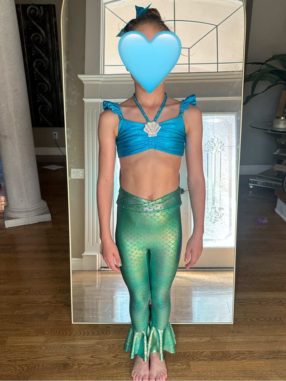 Custom 2 piece Solo Dance Costume teal & green w/ Crystals girls size 8-10
